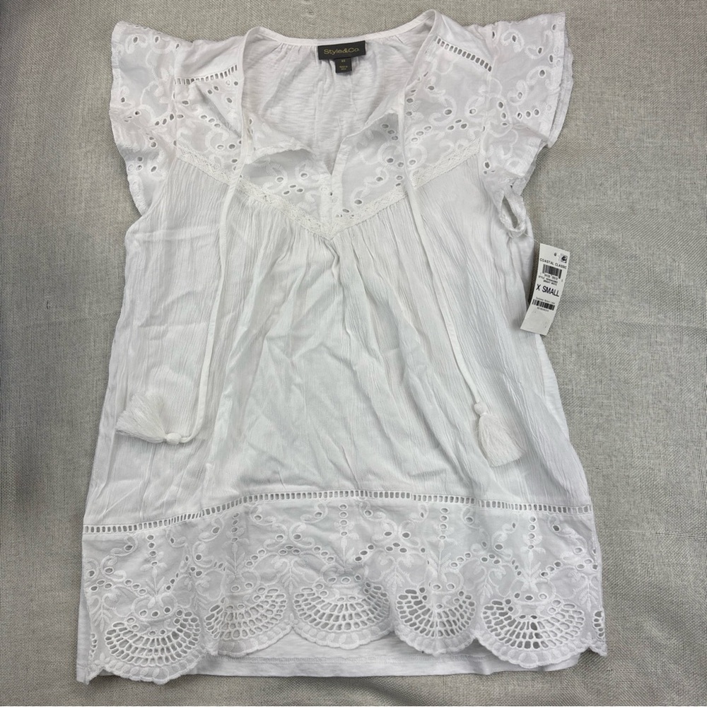 Style & Co Women's Mixed-Media Lace-Trimmed Top Size XS